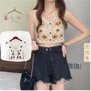 Áo Khoác Len Sát Nách Lỗ Cổ Tròn Dệt Kim Bằng Tay Siêu Xinh Dáng Croptop Phối Hoa 2 Màu Phong Cách Sexy Phù Hợp Đi Biển