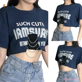 Áo kiểu croptop tay ngắn khoét trên rốn phối xích cá tính , chất thun coton mềm mát