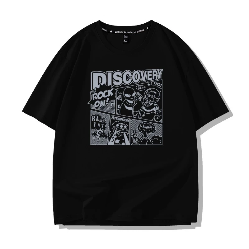 Áo thun HappyFamily - Mẫu  tay lở họa tiết Alien DISCOVERY Chất Cotton 100 Cao Cấp Màu Trắng Đen