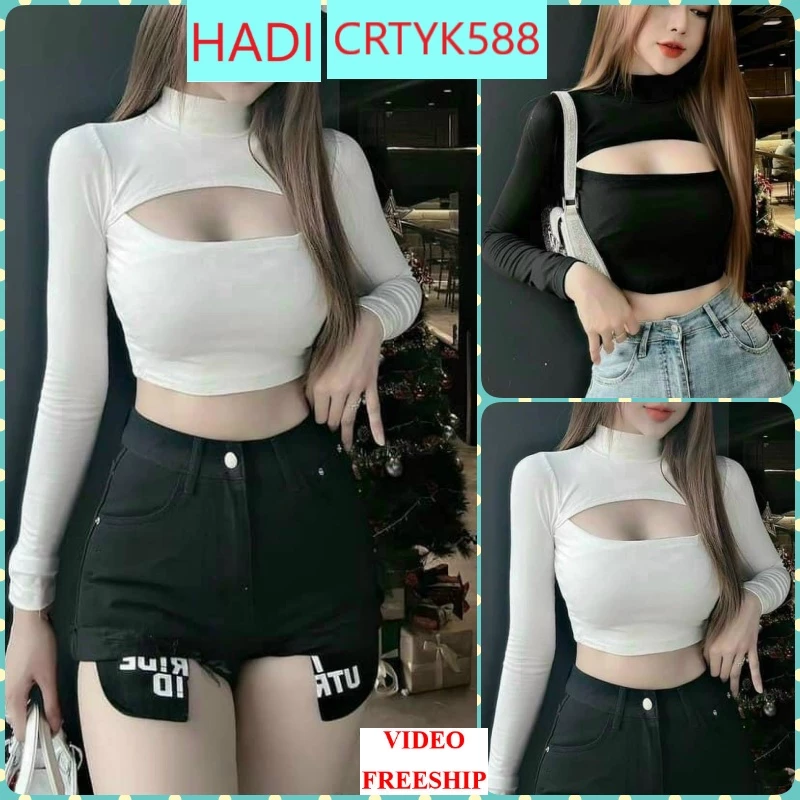 [CRTYK588] ÁO CROPTOP KIỂU LỬNG NỮ CỔ LỌ DÀI TAY KHOÉT NGỰC TÁO BẠO MÀU TRẮNG MÀU ĐEN CO GIÃN SIÊU HOT HIT