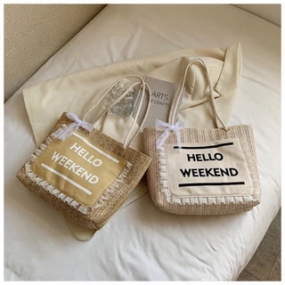 Túi Cói phụ kiện Đi Biển Du Lịch Đeo Vai Hello Weekend Sang Chảnh Phong Cách Hàn Quốc 106