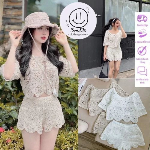 Set Ren Quần Short Áo Croptop Tay Ngắn Chất Ren Mềm Mại Có Lót Quần Bên Trong Hàng Quảng Châu | Smide Clothing