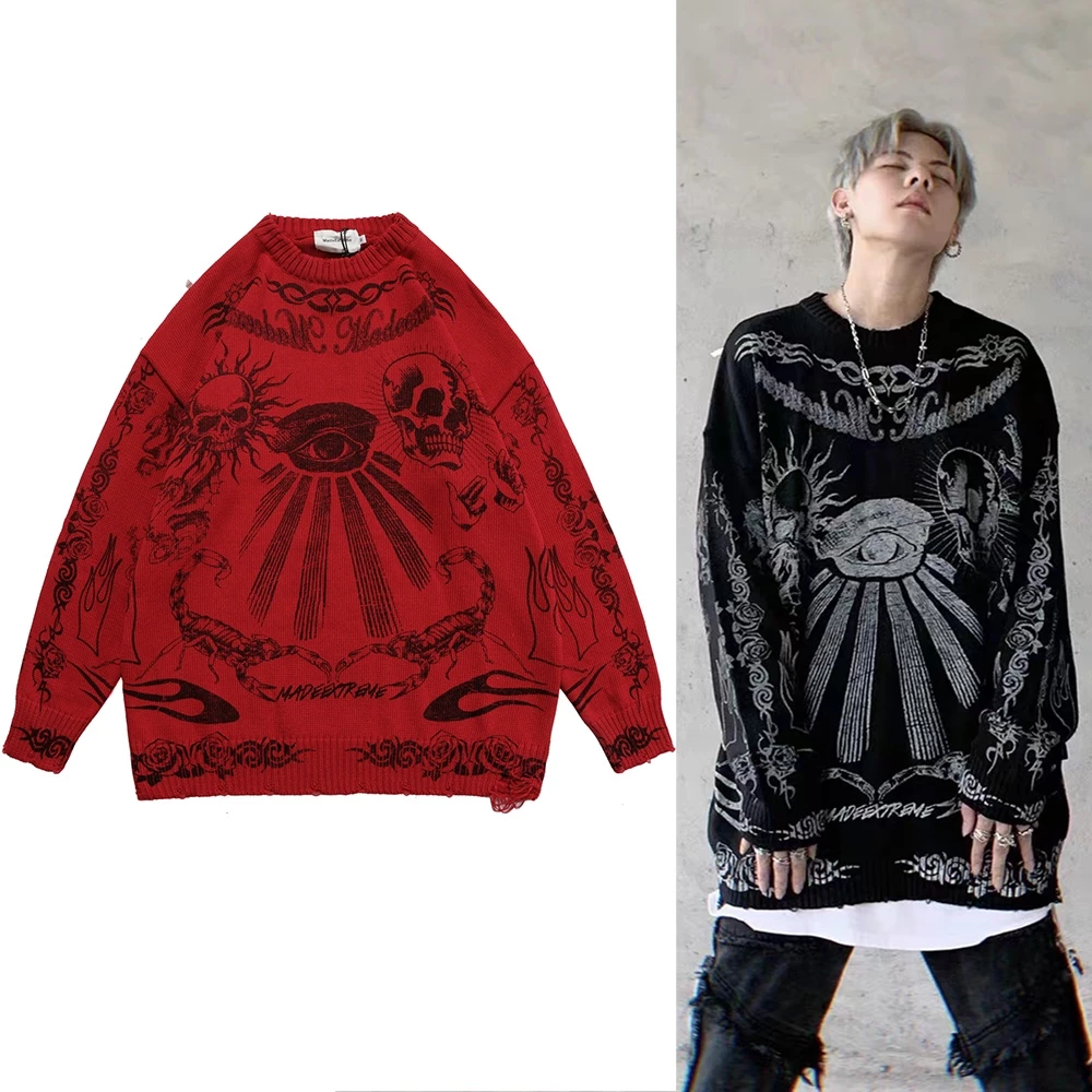 Áo len dài tay cổ tròn thời trang nam nữ Tatoo Printed Ripped Pullover Sweater Streetwear Clothing Red Black