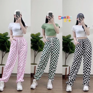 Set Bộ Áo Croptop Body Trơn Phối Quần Jogger 3D Caro Dây Rút Lai Dài Ulzzang - MM