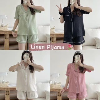 Bộ đồ ngủ linen trơn cộc tay kèm dây buộc (ảnh thật)