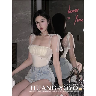 HUANG YOYO Áo Croptop Lưới Không Tay Màu Trơn Phong Cách Hàn Quốc Mới Cho Nữ