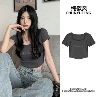 Áo Croptop Ngắn Tay Cổ Vuông Thời Trang Mùa Hè Quyến Rũ Cho Nữ