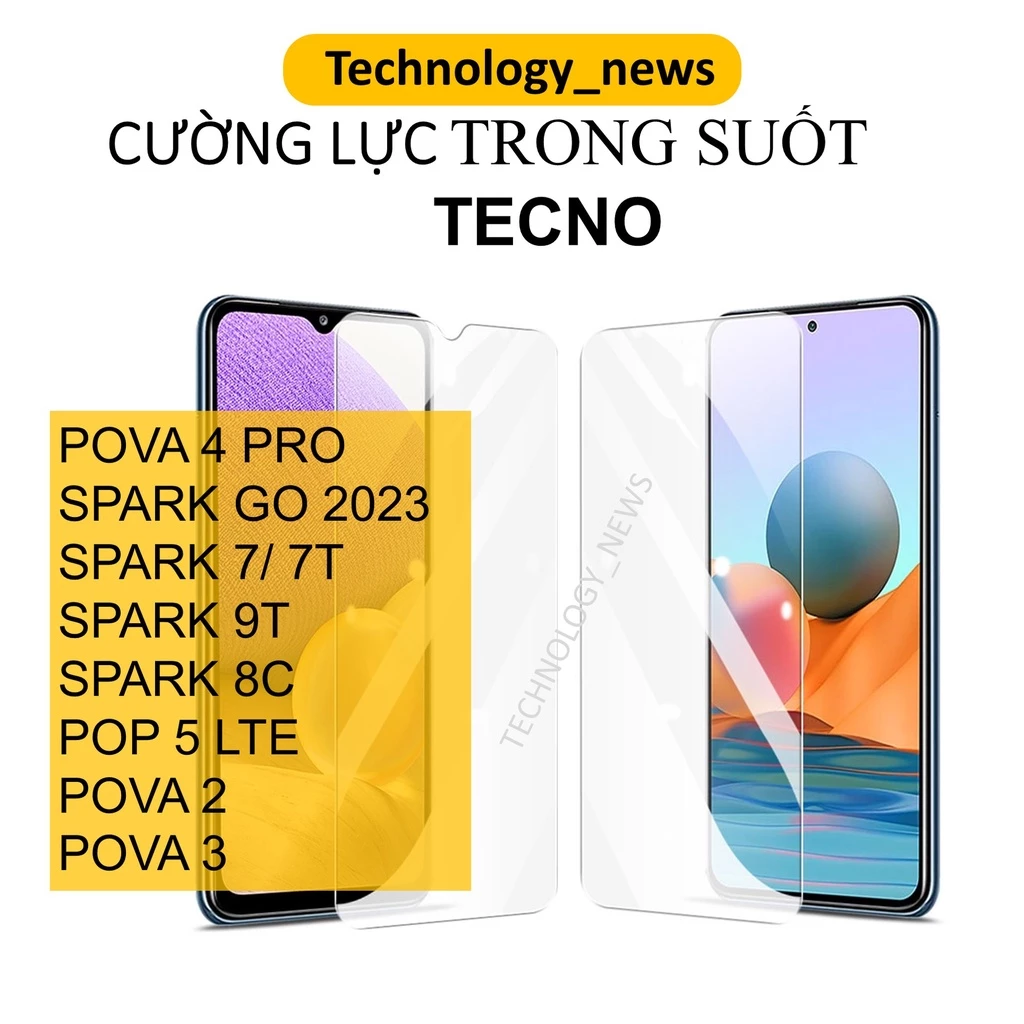 Kính cường lực Tecno spark 10 Pova 4 pro/ pova 2/ pova 3/ spark 9t  7 7t 8c/ pop 5 lte trong suốt tặng giấy lau màn hình