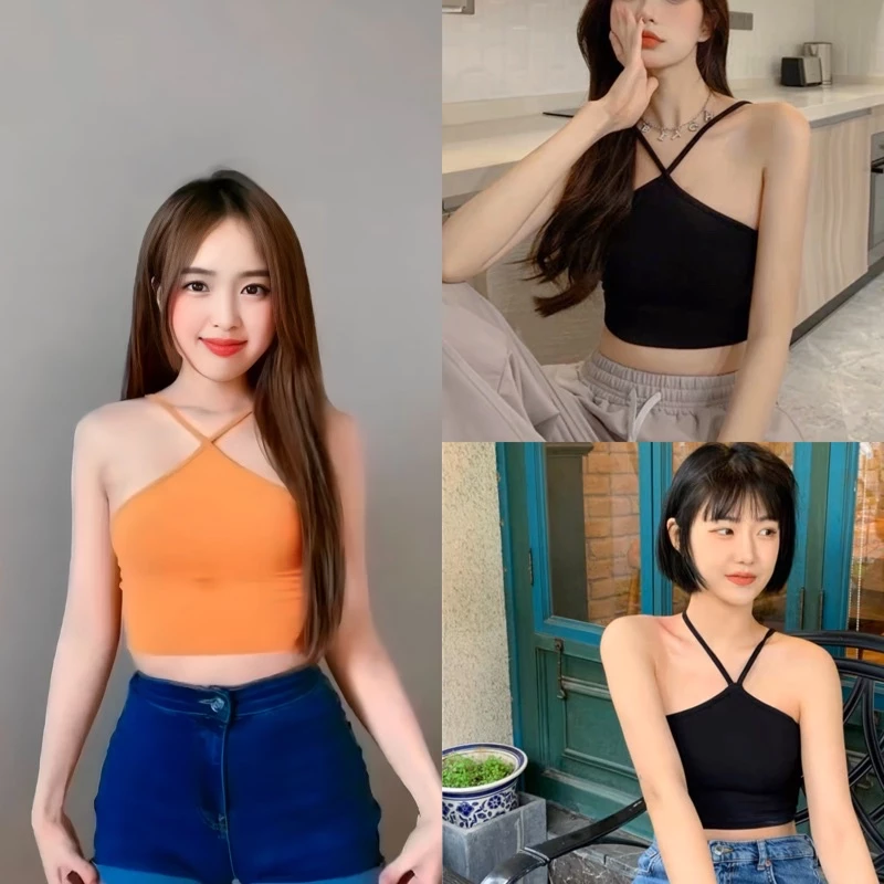 ÁO 2 DÂY CHỮ V NỮ TRƠN CROPTOP THUN GÂN