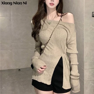 Xiang Nian Ni Áo Sweater Dệt Kim Tay Dài Hở Vai Phong Cách Trung Hoa Thời Trang Cho Nữ