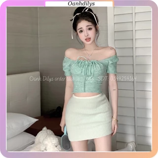 Áo thun dệt sợi len dáng croptop, áo thun cổ vuông dây rút ngực hàng order Taobao nhà Oanhdilys