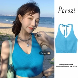 Porozi Áo croptop áo dệt kim không tay cổ yếm phong cách hàn quốc cho nữ