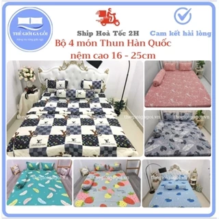 (Nệm cao 13 - 25cm)Bộ Ga Giường Thun Lạnh Hàn Quốc 4món (1 ga 3 vỏ gối)