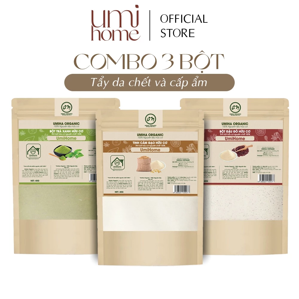 Combo 3 bột tẩy da chết Umi Home gồm bột trà xanh, đậu đỏ, cám gạo (40gx3)