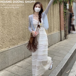 (Sẵn) Set Váy xuông trắng hai dây kèm áo cardigan, Set Váy bèo tầng đi biển xinh xẻo đủ size phong cách Hàn Quốc cho nữ