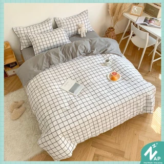 Bộ 4 Món Vỏ Chăn Ga Gối Cotton 80% Caro Trăng Ga Xám Dày Bền Cao Câp Size m6 m8 2m Napbedding