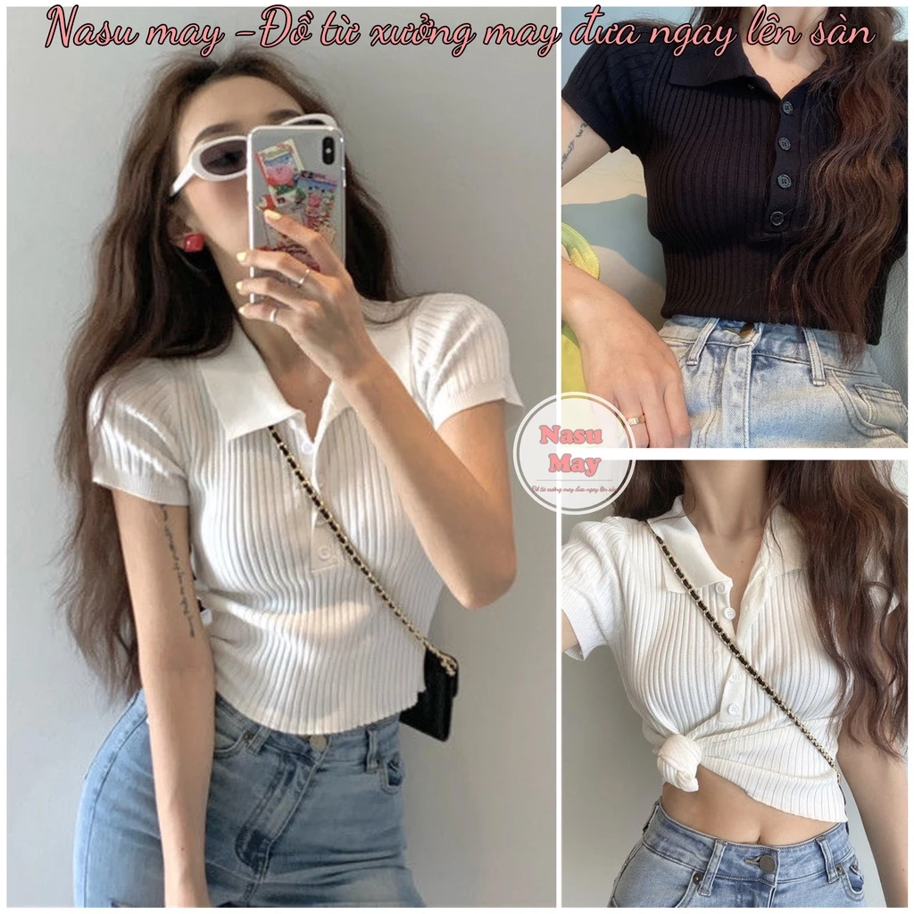 Áo croptop dệt kim tay ngắn cổ polo 5 cúc dáng bó