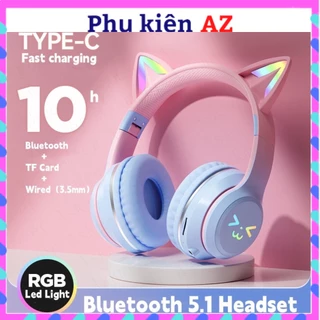 Tai Nghe Mèo Chụp Tai Bluetooth Mẫu Mới 2023,Tai Nghe Chơi Game Học Online Headphone Có Đèn Led