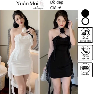 [FREESHIP] Đầm ôm body nữ cổ yếm dây cổ đính hoa tua rua con mực hottrend