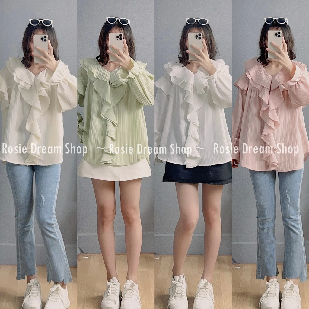 Áo sơ mi sóng bèo cổ v bèo xinh ROSIE DREAM SHOP