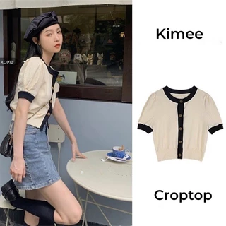 Áo croptop  dệt kim tay ngắn phồng cổ V phối nút thời trang trẻ trung cho nữ