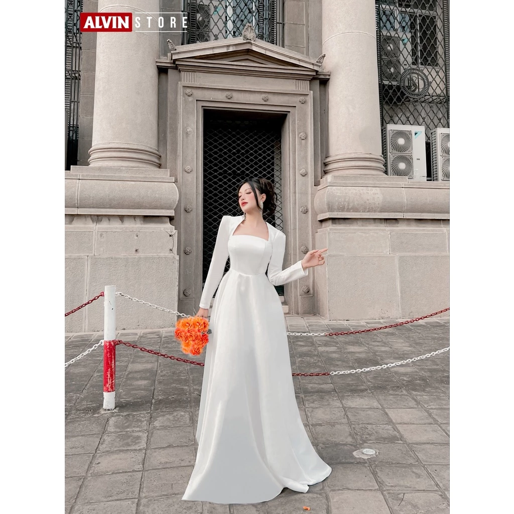Đầm dạ hội cô dâu tay dài cổ vuông cúp  Alvin Store 1527