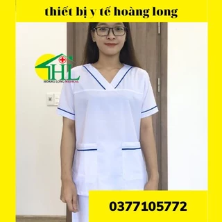 Quần Áo Blu Nữ Dược sỹ, Đồng Phục Quầy Thuốc,  Nhà Thuốc, Bộ Blouse Cổ Tim Màu Trắng Viền Xanh Lá, Xanh Dương