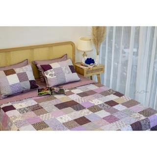 Set chăn gối quilt Ghép ô vuông tím chần tay LEE CORNER, vải Thô Hàn 100% cotton, kích thước 2x2,2m