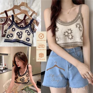 Áo len 2 Dây Dệt Kim Bằng Tay Cổ Tròn Dáng Croptop Siêu Xinh, Áo Phối Viền Kèm Hoa Màu Mẫu Hot 2023 Phù Hợp Đi Biển