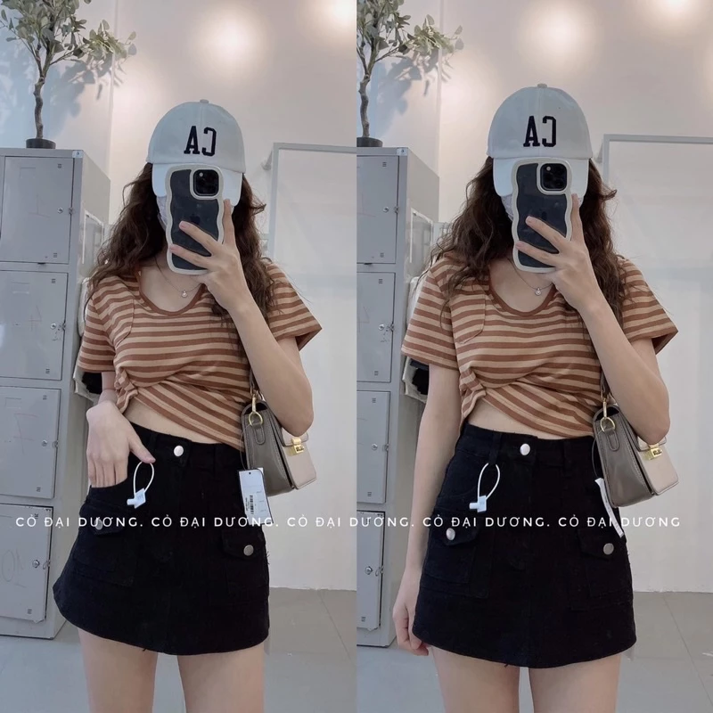 Áo thun croptop nữ tay ngắn cổ bẻ kẻ sọc đẹp hàng Quảng Châu, áo phông form ôm kẻ ngang thời trang Hàn Quốc 7930