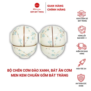 Bát ăn cơm, bát cơm men kem, chén ăn cơm vẽ đào xanh, chuẩn gốm bát tràng