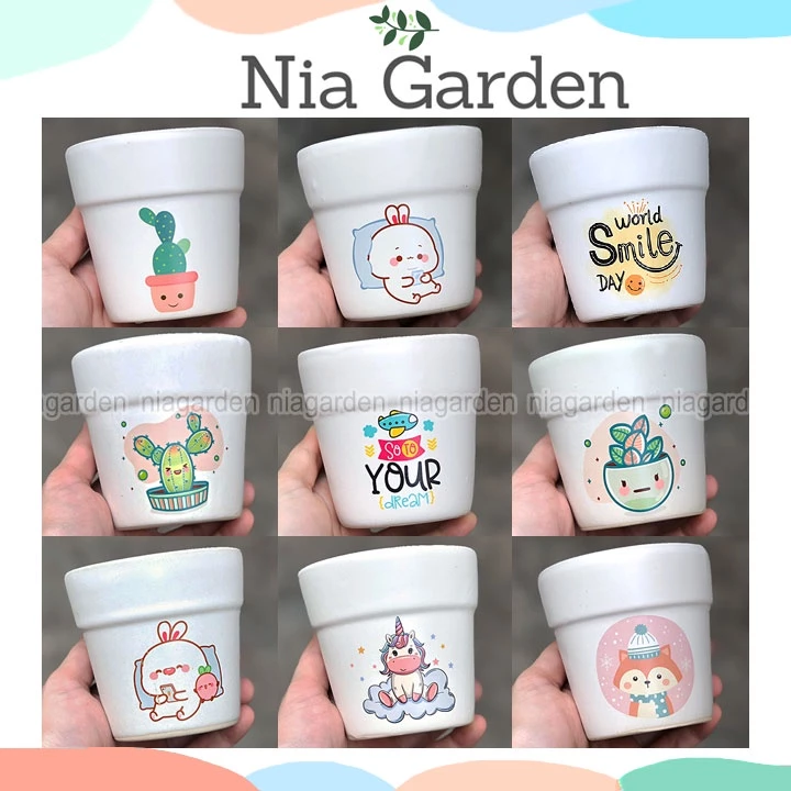 Chậu sứ gờ cao trung in hình trồng cây cảnh sen đá xương rồng mini Nia Garden N2