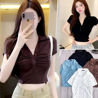 Áo Kiểu Croptop Bigsize Tay Ngắn,Áo Big size Nữ Cổ Bẻ Khuy Ngực Vải Dệt Kim Mã G106