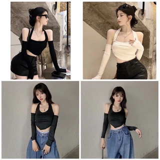 Áo kiểu thun croptop tay dài phối yếm tà xéo cực ngầy sexy cho nữ