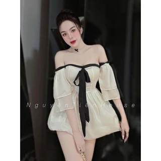 Set bộ áo vôn kính trễ vai nơ ngực tay lửng dáng tiểu thư mix quần đùi ngắn from A chất vải cotton lạnh mặc dạo phố