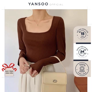 Áo cổ vuông Yansoo kiểu dài tay vải giữ nhiệt ôm body croptop nữ cotton dày dặn co giãn tốt A35