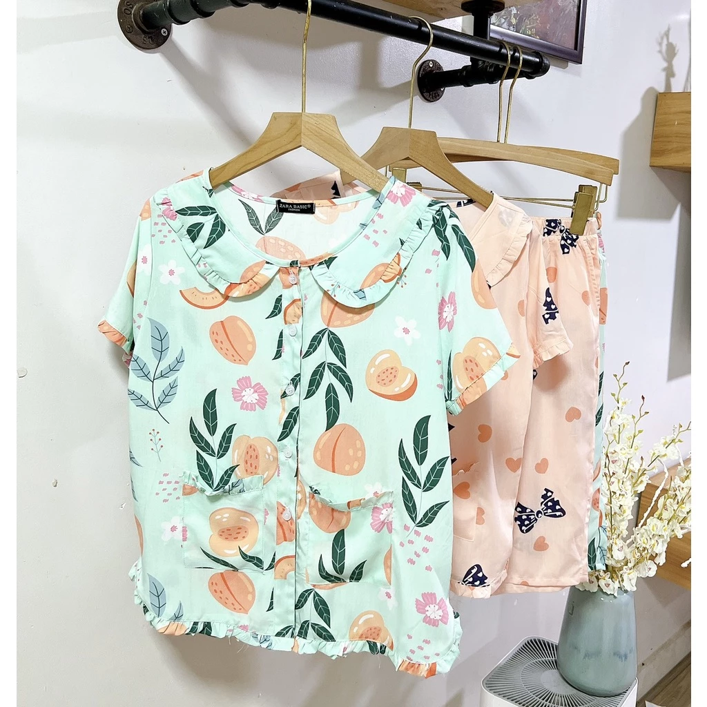 Bộ đồ ngủ mặc nhà nữ quần lửng áo cộc tay cổ sen chất Cotton, Lụa Mango, Đũi, Kate đủ size