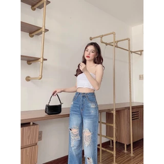 N288 MẪU QUẦN JEAN BAGGY NỮ RÁCH GỐI CHÂN DƠ CAO CẤP Cotton Thông thường