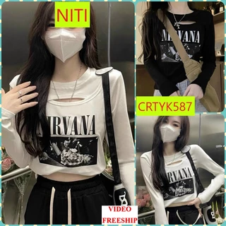 [CRTYK587] ÁO CROPTOP KIỂU LỬNG NỮ CỔ TRÒN DÀI TAY MÀU TRẮNG ĐEN KIỂU KHOÉT ĐẮP IN CHỮ VANA CHẤT THUN BORIP DÀY DẶN SIÊU