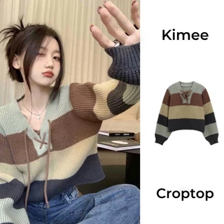 Áo sweater Dệt Kim Tay Dài Cổ Chữ V Dáng Rộng Thời Trang Hàn Quốc 2023 Cho Nữ croptop