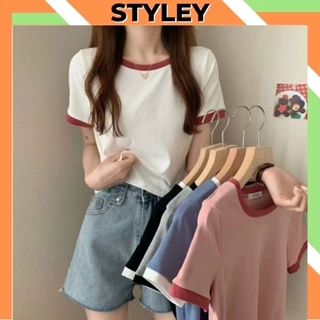 Áo phông nữ ngắn tay cổ tròn phong cách croptop cực xinh, Áo thun nữ cotton viền màu ôm dáng đẹp STYELY T002