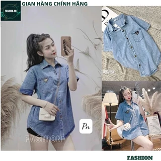 Áo sơ mi bò ngắn tay túi LoGo tam giác jean cộc tay from rộng unisex màu xanh phong cách ulzzang hàn quốc HOT - FASHION