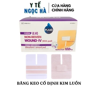 (Hộp 100 miếng) Băng keo cố định kim luồn Wound-IV (with- pad) 6cm x 7cm, băng kim luồn PLAID