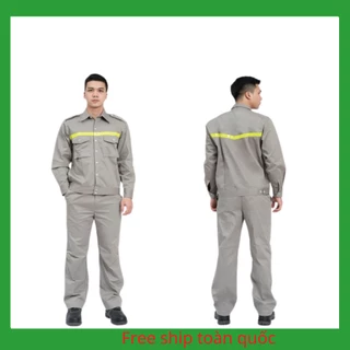 Quần áo bảo hộ lao động màu ghi có dây phản quang vải kaki 2/1 quần áo công nhân giá rẻ - Nsafe