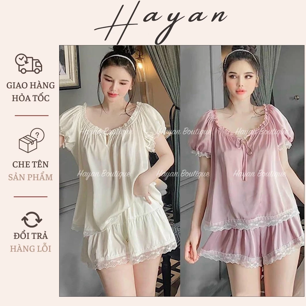 HT698 Bộ ngủ sexy tay bồng dây rút cổ tròn sang chảnh, đồ ngủ lụa dáng xoè tôn dáng HT698