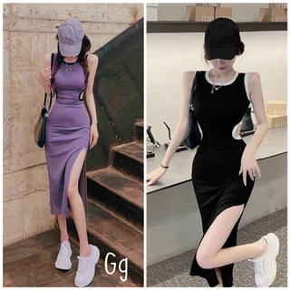 Đầm Body Ba Lỗ MAXI HAI MÀU ĐEN TÍM Cho Nữ Mùa Hè Váy Sát Nách Khoét Eo Hở Lưng Chất Vải Thun Gân GO39849