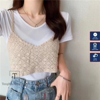 Áo Len 2 Dây Dệt Kim Cổ V Hở Lưng Đan Kiểu Hoa Dáng Croptop Thoáng Mát Phù hợp Đi Biển, Đi Núi