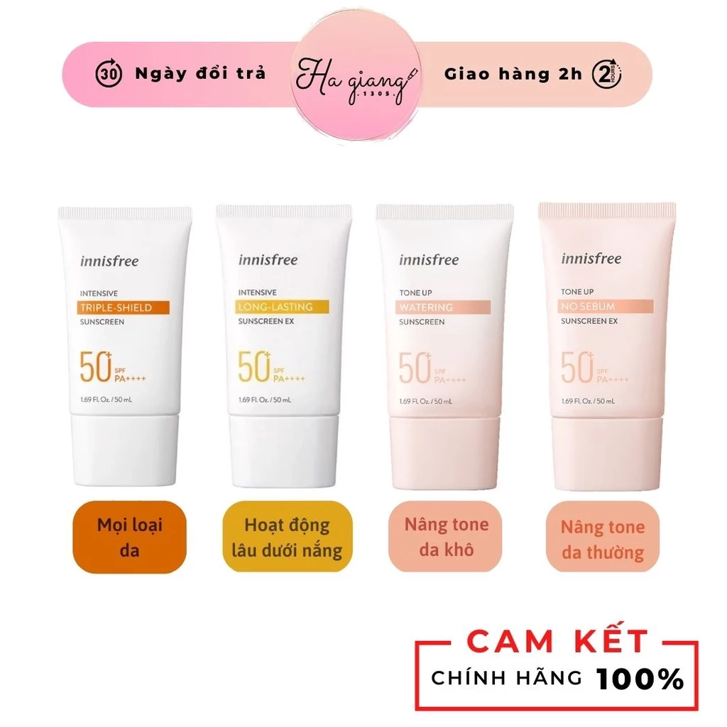 Kem Chống Nắng Innisfree NO SEBUM, TRIPLE-SHIELD, LONG-LASTING, WATERING nâng tone, thời gian chống nắng dài