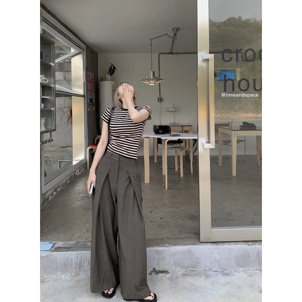 [Order - 958] Quần ống xoè cạp lưng cao form rộng + baby tee (video shop quay)
