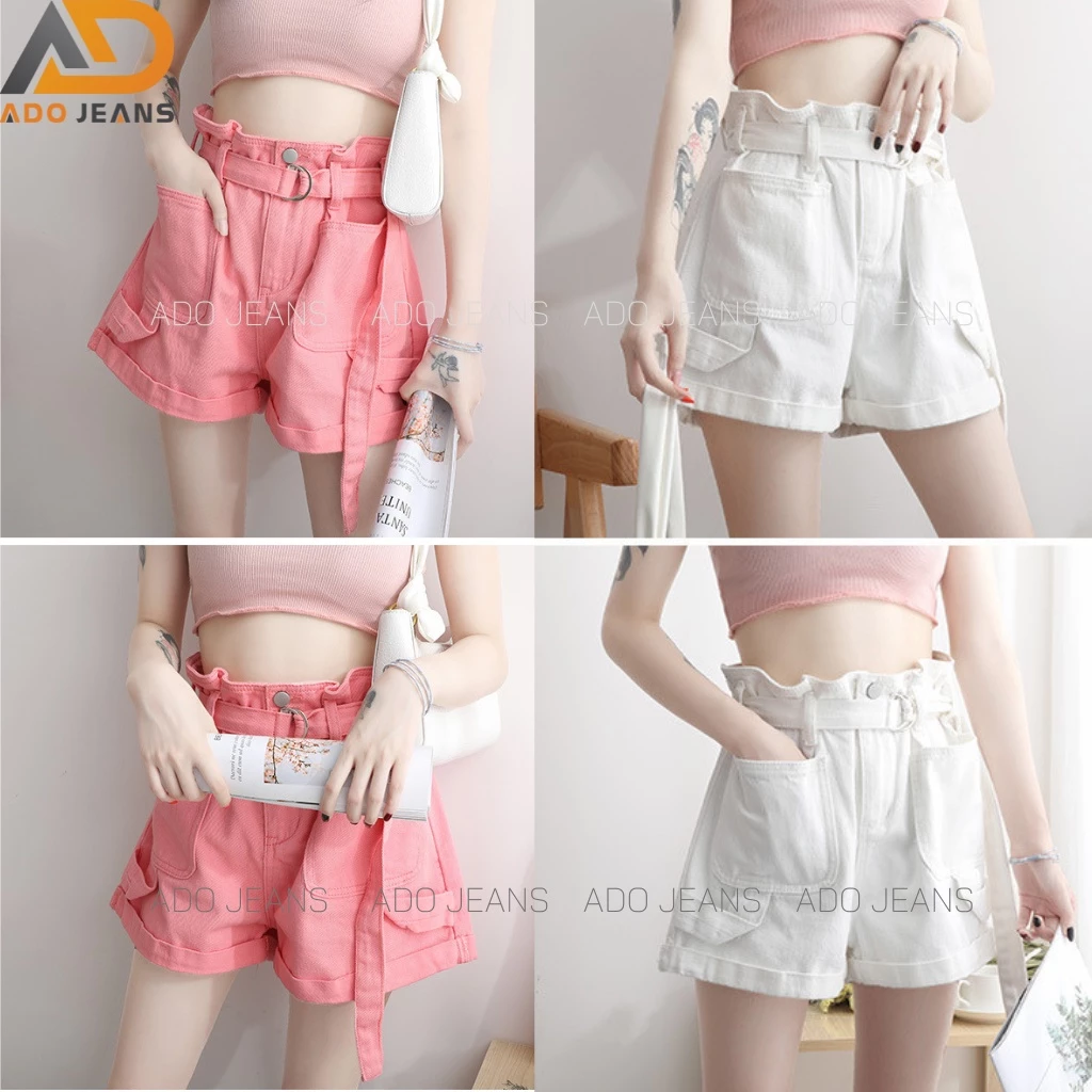Quần short Jean nữ lưng bèo dễ thương kèm đai nịt, lưng cao ống rộng cao cấp ADO JEANS